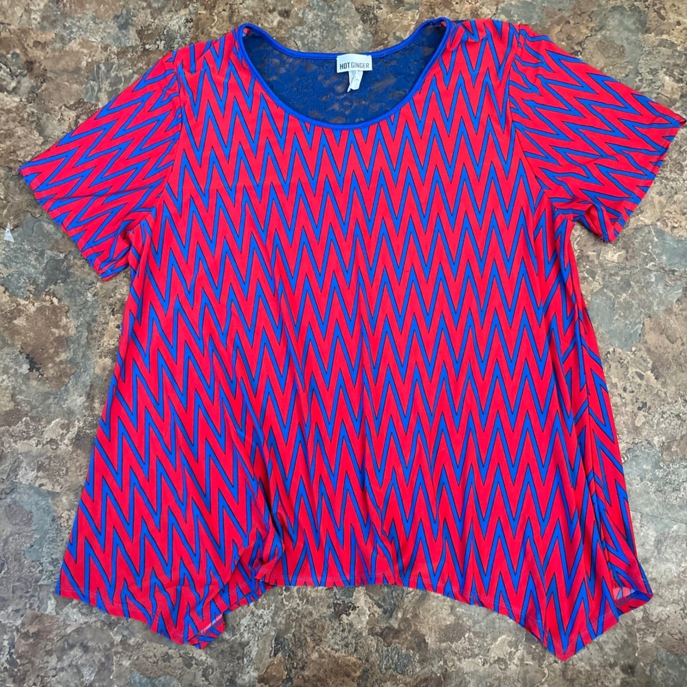 Hot Ginger Short Sleeve Shirt Womens Size 3XL Red Blue Blouse Top